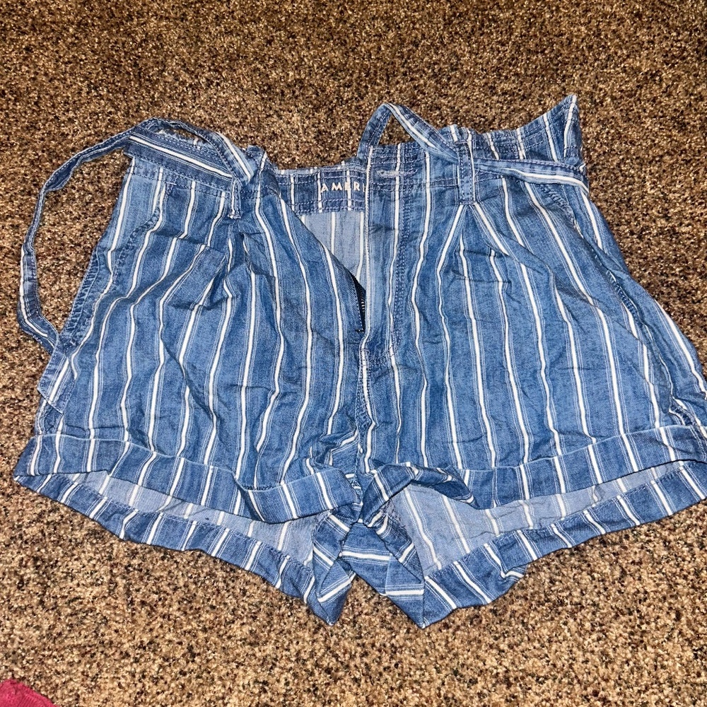 American Eagle Paper Bag Shorts Chambray Striped Blue White